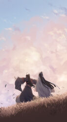 2boys ahoge black_hair black_hanfu blue_sky chinese_clothes cloud dated day facing_away field from_behind grass hair_ribbon hanfu headband highres kimako_(kimako_8) lan_wangji long_hair long_sleeves male_focus modao_zushi multiple_boys outdoors outstretched_arms ponytail red_ribbon ribbon robe sash scenery sky standing topknot twitter_username very_long_hair watermark wei_wuxian white_hanfu white_headband wide_sleeves wind xiao_guan_(headdress)