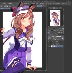1girl animal_ears back_bow blue_hat bow bowtie brown_hair clip_studio_paint closed_mouth commentary ear_piercing ears_through_headwear english_text frilled_skirt frills hair_bow hair_ornament hairclip hat horse_ears horse_girl horseshoe_ornament knee_up long_sleeves looking_at_viewer masaki_(masaki_470) matikane_tannhauser_(umamusume) medium_hair miniskirt newsboy_cap orange_eyes piercing pleated_skirt purple_bow purple_sailor_collar purple_shirt purple_skirt purple_thighhighs sailor_collar school_uniform shirt skirt smile solo thighhighs through_medium tilted_headwear tracen_school_uniform umamusume white_bow white_bowtie