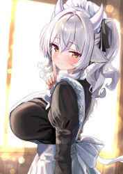 1girl animal_ears apron arm_at_side back_bow backlighting black_dress black_ribbon blurry blurry_background blush bokeh bow breasts closed_mouth cow_ears cow_girl cow_horns cow_tail crossed_bangs depth_of_field dress drill_hair finger_to_cheek finger_to_face finger_to_mouth frilled_apron frills from_side grey_hair hair_between_eyes hair_intakes hair_ribbon hand_up highres horns index_finger_raised indoors juliet_sleeves large_breasts lens_flare long_hair long_sleeves looking_at_viewer looking_to_the_side maid maid_apron maid_headdress medium_hair milltina_(vrchat) nyahu_(nyahu_77) puffy_sleeves ribbon shushing sidelocks smile solo standing sunlight tail twintails upper_body vrchat wavy_hair white_apron white_bow white_hair white_horns window yellow_eyes