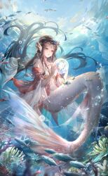 Rule 34 | 1girl, air bubble, artist request, bare shoulders, beads of love (shining nikki), black hair, blue sky, brown eyes, bubble, chinese clothes, circlet, clothing cutout, cloud, collarbone, conch, coral, coral hair ornament, day, facial mark, fins, fish tail, floating hair, forehead mark, from below, full body, game cg, hair bun, hair rings, half updo, head fins, highres, holding bubble, jewelry, light particles, long hair, mermaid, monster girl, navel, necklace, nikki (series), off-shoulder shirt, off shoulder, official art, open mouth, orange tail, red shirt, ruyin (shining nikki), school of fish, shining nikki, shirt, short sleeves, single hair bun, sitting, sky, smile, solo, stomach cutout, tail, underwater, very long hair, wide sleeves