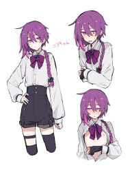 Rule 34 | asymmetrical legwear, azuma shino, black ribbon, blush, bow, braid, brooch, collage, fingerless gloves, gloves, hair ribbon, jewelry, nia (azuma shino), nipples, purple bow, purple eyes, purple hair, ribbon, shirt, shorts, single glove, undressing, white shirt