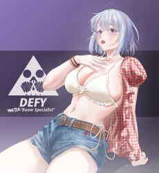 Rule 34 | 1girl, absurdres, belt, blue shorts, bra, breasts, cleavage, cosplay, denim, denim shorts, elloinoire, gingham shirt, girls&#039; frontline, highres, jewelry, kwon eun-bi, kwon eun-bi (cosplay), large breasts, looking at viewer, navel, open clothes, open mouth, open shirt, purple eyes, real life, red shirt, rpk-16 (girls&#039; frontline), shirt, short hair, shorts, solo, swimsuit, underwear, white bra