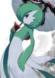 antennae between_breasts blurry blurry_background bob_cut breasts colored_skin commission dress ears elbow_gloves gardevoir gen_3_pokemon gloves green_dress green_gloves green_hair legs light-skinned_females lips long_ears long_legs nintendo pixiv pixiv_commission pixiv_id pixiv_username pointy_ears pokemon red_eyes short_hair thighs umbrella white_background white_dress white_lips white_skin