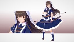 1girl 3d belt black_hair blunt_bangs bow bow_(weapon) dress fingernails flat_chest frills full_body hairband highres holding holding_weapon ikkitousen lolita_hairband long_fingernails long_hair looking_at_viewer orange_eyes ribbon shiny_clothes smile solo teeth ten&#039;i_(ikkitousen) weapon
