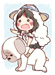 1girl :d akb48 animal armband black_eyes black_hair black_skirt blush chibi collared_shirt commentary_request cosplay dog facepaint fang female_focus highres jewelry long_hair mononoke_hime ooshima_ryouka open_mouth outstretched_arm pendant real_life riding san san_(cosplay) san_(mononoke_hime) shirt skirt smile solo taneda_yuuta v-shaped_eyebrows
