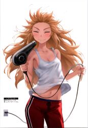 1girl absurdres bare_shoulders blonde_hair blush bow bowtie breasts cleavage closed_eyes closed_mouth collarbone fate/apocrypha fate/grand_order fate_(series) hair_dryer highres long_hair mordred_(fate) mordred_(fate/apocrypha) navel pants scan simple_background sleeveless small_breasts smile solo stomach striped tonee vertical_stripes white_background wire
