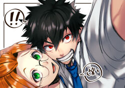 ! !! 2boys absurdres black_hair blue_necktie border fangs glasses green_eyes hair_between_eyes hair_pulled_back highres looking_at_viewer male_focus mogari_shishikuno multiple_boys necktie outside_border phantom_busters red_eyes seishou selfie short_hair simple_background spiked_hair teeth white_background
