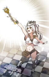 1girl animal_ears arm_up armpits bare_shoulders black_panties black_sailor_collar black_skirt black_thighhighs breasts commentary_request crop_top crop_top_overhang diahna_(vtuber) highres holding holding_wand indie_virtual_youtuber korean_commentary large_breasts long_hair midriff miniskirt multicolored_hair navel panties pantyshot park_mikan pleated_skirt ponytail sailor_collar school_uniform serafuku shirt skirt sleeveless sleeveless_shirt solo stomach string_panties thighhighs tile_floor tiles two-tone_hair underboob underwear virtual_youtuber wand white_hair white_shirt yellow_eyes