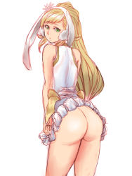 10s 1girl 2018 animal_ears ass blonde_hair fake_animal_ears female_focus fire_emblem fire_emblem_heroes green_eyes highres long_hair nintendo no_panties pocari66 ponytail rabbit_ears sharena_(fire_emblem) sidelocks simple_background solo standing thighs white_background
