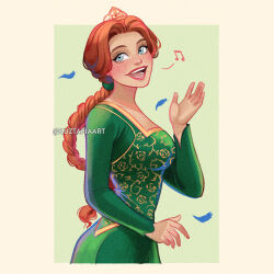 1girl artist_name blue_eyes blue_feathers braid braided_ponytail brown_hair dress feathers green_dress highres long_hair looking_at_viewer luztapiaart open_mouth princess_fiona shrek_(series) shrek_1 solo tiara watermark