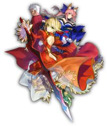 1boy 2girls aestus_estus ahoge animal_ear_fluff animal_ears archer_(fate) ass blonde_hair blue_kimono blue_ribbon braid breasts bun_with_braided_base butt_crack dark-skinned_male dark_skin dress epaulettes fate/extra fate/extra_record fate_(series) fox_ears fox_girl green_eyes hair_bun hair_intakes hair_ribbon japanese_clothes kimono large_breasts leotard manly multiple_girls nero_claudius_(fate) nero_claudius_(fate/extra) official_art pink_hair red_dress red_ribbon ribbon second-party_source see-through_clothes single_hair_bun sword tamamo_(fate) tamamo_no_mae_(fate) transparent_background wada_arco weapon white_hair yellow_eyes