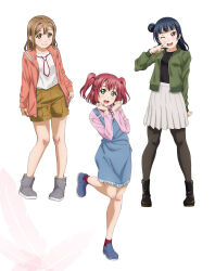 3girls ankle_boots aqua_eyes artbook black_pantyhose blue_hair blush boots brown_hair brown_shorts dress green_jacket hair_bun highres jacket kunikida_hanamaru kurosawa_ruby long_hair long_sleeves looking_at_viewer love_live! love_live!_sunshine!! multiple_girls non-web_source official_art one_eye_closed open_clothes open_jacket open_mouth pantyhose pink_shirt pleated_skirt purple_eyes red_hair shirt shoes shorts simple_background skirt smile sneakers socks standing standing_on_one_leg suspenders tsushima_yoshiko twintails two_side_up white_background white_shirt white_skirt yellow_eyes