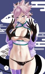 1girl absurdres bare_shoulders bikini black_bikini black_gloves blue_eyes blush breasts cleavage elbow_gloves fate/grand_order fate_(series) gloves hair_ornament highres jacket kugiseiichi large_breasts long_hair long_sleeves looking_at_viewer miyamoto_musashi_(fate) navel off_shoulder pink_hair ponytail purple_jacket single_thighhigh solo swept_bangs swimsuit thighhighs thighs tongue tongue_out