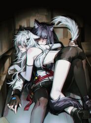 2girls animal_ear_fluff animal_ears ara_200117 arknights black_hair gloves grey_hair hair_between_eyes hair_ornament hairclip highres lappland_(arknights) long_hair multiple_girls scar scar_across_eye scar_on_face shorts tail texas_(arknights) wolf_ears wolf_girl wolf_tail yuri