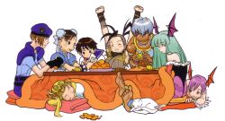 1990s_(style) 6+girls animal_print anklet arms_up barefoot bat_print beret black_gloves blue_sailor_collar bracelet bridal_gauntlets bun_cover capcom cat chun-li closed_eyes crossover crown cushion cyberbots dark-skinned_female dark_skin darkstalkers demon_girl devilot_de_deathsatan_ix earrings elena_(street_fighter) feet felicia_(cat)_(darkstalkers) felicia_(darkstalkers) fingerless_gloves food fruit gloves hat head_wings headband highres ibuki_(street_fighter) jewelry jill_valentine kasugano_sakura kotatsu lilith_(darkstalkers) mandarin_orange morrigan_aensland multiple_girls ninja nishimura_kinu open_mouth pantyhose peeling photoshop_(medium) print_legwear puffy_short_sleeves puffy_sleeves reaching resident_evil retro_artstyle sailor_collar school_uniform serafuku short_sleeves simple_background sitting sleeping soles spiked_bracelet spikes street_fighter stretching table toes very_dark_skin white_background wings zabuton