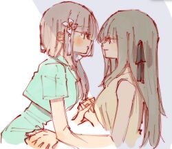 2girls assault_lily bare_shoulders black_ribbon blush breasts brown_hair closed_mouth commentary cropped_torso face-to-face flower from_side green_eyes green_shirt grey_background hair_flower hair_ornament hair_over_shoulder hair_ribbon hair_scrunchie holding_hands interlocked_fingers kuo_shenlin light_smile long_hair medium_breasts multiple_girls one_eye_closed parted_lips profile ribbon rui_rui_rui0122 scrunchie shade shirt sleeveless sleeveless_shirt tassel tassel_hair_ornament two-tone_background upper_body wang_yujia white_background white_flower white_scrunchie yellow_eyes yellow_shirt yuri