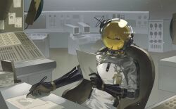 Rule 34 | 1boy, artist name, black gloves, bulletin board, chair, commission, desk, ferrofluid, fishbowl helmet, gloves, highres, holding, holding paper, holding pen, id card, indoors, jumpsuit, male focus, monitor, object head, on chair, paper, pen, reverse:1999, science fiction, sitting, solo, ulrich (reverse:1999), upper body, white jumpsuit, zhima xing bingle