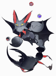 absurdres animal_ears bat_ears black_wings crab_claw exoskeleton full_body gen_4_pokemon gliscor grey_scales highres keroreud midair nintendo no_humans orb pokemon pokemon_(creature) pokemon_focus red_ribbon ribbon scorpion_tail simple_background tail wings yellow_eyes