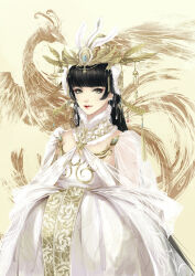 1girl animal animal_on_shoulder bird bird_on_shoulder black_hair blunt_bangs character_request chinese_clothes chinese_commentary closed_mouth coat collar commentary_request crown detached_collar earrings eyelashes fur-trimmed_coat fur_trim gold_crown gold_earrings grey_eyes hanfu high_collar jewelry light_smile lipstick long_hair long_sleeves makeup mascara miracle_nikki nikki_(series) own_hands_together phoenix pink_lips si_tu_ming_ling solo straight_hair upper_body very_long_hair white_collar white_hanfu wide_sleeves yellow_background