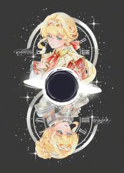 1girl astronaut black_background black_hole blonde_hair blue_eyes braid braided_bangs bun_with_braided_base cloak hair_bun hand_up highres hosanrixia kiperina long_hair low_ponytail multiple_views neckerchief ponytail red_cloak red_neckerchief reverse:1999 rotational_symmetry short_hair spacesuit sparkle