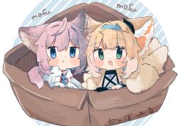 2girls arknights black_gloves blonde_hair blue_eyes box cardboard_box commentary_request gloves green_eyes highres infection_monitor_(arknights) kitsune kyuubi mokoo_rokoo multiple_girls multiple_tails open_mouth pink_hair short_hair single_glove sussurro_(arknights) suzuran_(arknights) tail white_gloves