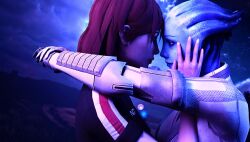 2girls alien arms_around_neck asari_(mass_effect) caressing_cheek commander_shepard commander_shepard_(female) couple deviantart hand_on_another&#039;s_cheek hand_on_another&#039;s_face highres liara_t&#039;soni mass_effect_(series) multiple_girls wellsy71 yuri