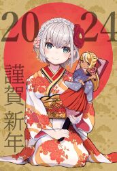 1girl 2024 absurdres alternate_costume blush braid breasts cameo character_print closed_mouth floral_print floral_print_kimono green_eyes grey_hair hair_between_eyes happy_new_year highres holding hololive japanese_clothes kimono large_breasts looking_at_viewer medium_hair new_year obi print_kimono sash shiranui_flare shirogane_noel smile snowekaki solo virtual_youtuber wavy_hair