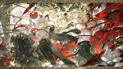 1girl absurdres arm_strap armband bare_shoulders black_armband black_gloves black_horns black_jacket black_pants blonde_hair breasts chess_piece chessboard chest_harness chinese_commentary commentary_request curled_horns gloves harness high-waist_pants highres holding holding_shield horns jacket jacket_on_shoulders large_breasts long_hair looking_at_viewer mento multiple_views necktie pants red_eyes red_necktie shield shirt shirt_tucked_in white_hair white_shirt wind wuthering_waves zani_(wuthering_waves)
