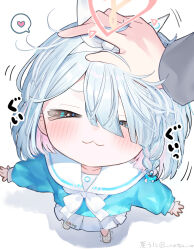 &gt;_&lt; 1boy 1girl :3 amanatsu_uni arona_(blue_archive) artist_name blue_archive blue_hair blue_shirt braid chestnut_mouth closed_eyes closed_mouth colored_inner_hair commentary_request facing_viewer from_above hair_over_one_eye hairband halo happy headpat heart heart_halo highres medium_hair multicolored_hair pink_hair pink_halo puffy_short_sleeves puffy_sleeves sailor_collar sailor_shirt sensei_(blue_archive) shirt short_sleeves side_braid simple_background single_braid skirt solo speech_bubble spoken_heart twitter_username two-tone_hair v white_background white_hairband white_sailor_collar white_skirt