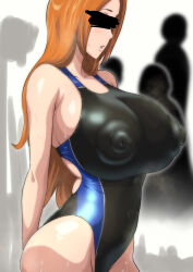 1girl absurdres arms_behind_back bare_shoulders bleach breasts censored censored_identity collarbone female_focus highres huge_breasts inoue_orihime iwao_(pixiv258710) light_blush long_hair orange_hair parted_lips swimsuit wet