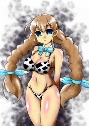 1girl aqua_bow aqua_ribbon arms_behind_back black_sclera blue_eyes bow bowtie braid breasts brown_hair cleavage colored_sclera cow_print cow_print_bikini cowboy_shot grimms_echoes hair_bow large_breasts long_hair navel print_bikini ribbon solo striped_bow twin_braids uni-kuro void_dorothy_(grimms_echoes)