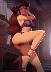 1girl alternate_costume bluesky_logo bluesky_username bra breasts brown_hair eyeshadow hercules_(1997_movie) high_heels indoors large_breasts long_hair makeup megara_(disney) panties patreon_logo patreon_username ponytail purple_bra purple_eyes purple_eyeshadow purple_panties roncostar solo twitter_username twitter_x_logo underwear