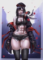 1girl abs beret black_hair breasts cleavage colored_inner_hair eunhwa_(nikke) eunhwa_(tactical_upgrade)_(nikke) gloves goddess_of_victory:_nikke hat jacket long_hair looking_at_viewer medium_breasts midriff mole mole_under_mouth multicolored_hair muscular muscular_female navel official_alternate_costume open_clothes purple_eyes purple_hair shorts solo sports_bra zinfian