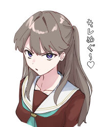 1girl aqua_neckerchief breasts brown_dress brown_hair collarbone commentary dot_nose dress fujishima_megumi glaring hasu_no_sora_school_uniform heart highres link!_like!_love_live! long_hair looking_at_viewer love_live! medium_breasts neckerchief parted_lips purple_eyes sailor_collar sailor_dress school_uniform simple_background solo spoken_heart translation_request two_side_up upper_body v-shaped_eyebrows virtual_youtuber white_background white_sailor_collar winter_uniform zangemiya