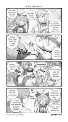 1boy 2girls blush breasts closed_eyes comic dress english_text female_pervert flower frills ge-b happy hatsune_miku highres kamishiro_rui megurine_luka multiple_girls pervert project_sekai pussy_juice sex_toy sparkle sparkling_eyes thighhighs twintails vibrator vocaloid yuri