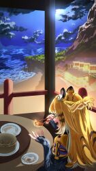 1girl animal_ear_fluff animal_ears bamboo_steamer blonde_hair chopsticks dumpling eating fingerless_gloves food gloves green_eyes harukimatsui_25 highres holding holding_chopsticks jiaozi ju_fufu long_hair multicolored_hair ocean plate sitting solo streaked_hair table tail tiger_ears tiger_girl tiger_tail town water white_hair zenless_zone_zero