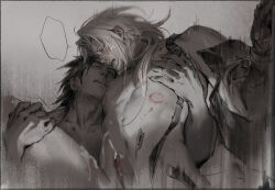 ! 2boys anal bite_mark_on_chest black_jacket crisis_core_final_fantasy_vii cum ejaculation final_fantasy final_fantasy_vii greyscale hair_slicked_back highres jacket long_hair luluzhang998873 male_focus medium_hair monochrome multiple_boys open_mouth parted_bangs sephiroth sideburns spoken_exclamation_mark sweatdrop tongue tongue_out upper_body yaoi zack_fair
