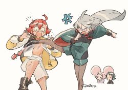 absurdres afro_puffs ahoge anger_vein artist_name asticassia_school_uniform black_hairband blush chuatury_panlunch closed_eyes front-seamed_legwear green_jacket green_shorts grey_hair gundam gundam_suisei_no_majo hairband highres jacket jumpsuit kicking long_hair low_ponytail miorine_rembran multiple_girls nika_nanaura open_mouth orange_jumpsuit ponytail red_hair school_uniform seamed_legwear short_hair shorts shoulder_boards signature simple_background smile suletta_mercury surprised sweatdrop thick_eyebrows white_background yaco_(085)