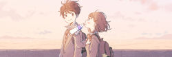1boy 1girl :&gt; ad arm_at_side arm_up asahi_breweries backlighting backpack bag bag_charm black_bag black_eyes black_hair black_jacket blazer blush blush_stickers bob_cut bottle bow bowtie calpis charm_(object) closed_mouth cloud cloudy_sky diagonal-striped_bow dot_nose drink drinking evening eye_contact floating_hair from_side grey_eyes hair_behind_ear hair_ornament hairclip hand_up hatching_(texture) height_difference highres holding holding_bottle holding_drink holding_strap horizon itunohika jacket linear_hatching long_sleeves looking_at_another looking_to_the_side looking_up mountainous_horizon muted_color necktie nose_blush ocean official_art original outdoors pale_color plaid_clothes plaid_shirt product_placement profile purple_eyes purple_sky red_bow red_bowtie red_necktie school_uniform shirt short_hair shy sky smile soda_bottle sparkle star_(symbol) striped_bow striped_bowtie striped_clothes striped_necktie sunlight swept_bangs tareme twilight upper_body water wavy_mouth wind wing_collar