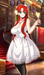 Rule 34 | 1girl, aotsuki takao, aqua eyes, armpit crease, bare arms, bare shoulders, black pantyhose, blush, boudica (fate), boudica (formal dress) (fate), bow, bracelet, breasts, chaldea logo, cleavage, commentary, cup, dress, drink, drinking glass, earrings, fate/grand order, fate (series), feet out of frame, flower, flower request, formal clothes, gold hairband, hair flower, hair ornament, hair over shoulder, hairband, happy, holding, holding cup, indoors, jewelry, lace trim, large breasts, long hair, long sidelocks, looking at viewer, lord camelot (fate), medium dress, necklace, official art, pantyhose, parted bangs, red hair, sidelocks, solo, stairs, standing, strapless, strapless dress, third-party source, very long hair, waist bow, white dress, white flower