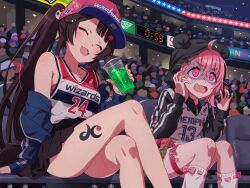 2girls absurdres ahoge alternate_costume animal_hair_ornament animal_hood anime_coloring audience bare_shoulders baseball_cap basketball_jersey belt black_hoodie black_skirt blue_jacket blunt_bangs blush bow bow_legwear bra bra_peek brown_hair buckle collarbone crossed_legs cup disposable_cup drawstring empty_eyes fang fangs flower_hairpin gloom_(expression) green_hair_ornament green_skirt hair_between_eyes hair_ornament hairclip hat head_tilt heart heart-shaped_buckle highres holding holding_cup hood hood_up hoodie inui_toko jacket layered_clothes leg_tattoo logo long_hair loose_socks medium_hair memphis_grizzlies messy_hair miniskirt multicolored_shirt multiple_girls national_basketball_association nervous_sweating nijisanji panda_hood pink_bow pink_bra pink_eyes pink_hair plaid_clothes plaid_skirt pleated_skirt red_hat sanpaku sasaki_saku shaded_face shiny_skin shirt side_ponytail sidelocks signature sitting skirt sleeveless sleeveless_shirt smile socks sports_bra_peek stadium surprised sweat tattoo thigh_belt thigh_strap turn_pale underwear v-shaped_eyebrows virtual_youtuber washington_wizards watermark white_shirt white_socks yazawa_happyaro