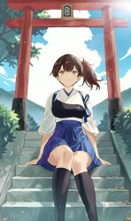 1girl blue_skirt brown_hair highres japanese_clothes kaga_(kancolle) kantai_collection skirt torii