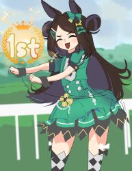 Rule 34 | 1girl, :d, animal ears, black hair, black thighhighs, blue sky, blush, bow, closed eyes, commentary, cowboy shot, dancing, day, double bun, dress, ear bow, english commentary, fang, flipped hair, flossing (dance), fortnite, fortnite dance (racehorse), green bow, green dress, grey thighhighs, hair bun, hair ornament, hairclip, highres, horse ears, horse girl, kinografy, long hair, open mouth, outdoors, personification, puffy short sleeves, puffy sleeves, real life, short sleeves, sidelocks, sky, smile, solo, swept bangs, thighhighs, umamusume