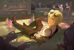 1boy 6+others absurdres alcohol ambience_synesthesia animal_ears arknights bar_(place) bar_stool belt black_dress black_gloves black_pants blonde_hair blue_eyes brown_belt brown_footwear card chinese_commentary city cityscape collared_shirt commentary_request couch cup dog_boy dog_ears dog_tail dress dress_shoes elbow_rest eyewear_on_head feet_on_table frills gloves green_jacket green_socks hair_between_eyes highres holding holding_cup jacket jewelry looking_at_viewer looking_back male_focus messy_hair multiple_others necklace open_clothes open_shirt pants plant playing_card potted_plant scmakabaka shirt shoes sitting smile socks solo_focus stool sunglasses suspenders tail teeth tequila tequila_(arknights) tequila_(cardwinner)_(arknights) thigh_strap watch white_shirt wristwatch
