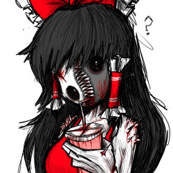 Rule 34 | 1girl, ?, back spikes, blood, blood on face, blood on teeth, body horror, bow, bright pupils, cup, cuts, drinking, drinking straw, drinking straw in mouth, frilled bow, frilled hair tubes, frills, hair tubes, hakurei reimu, hashtag-only commentary, herushiart, holding, holding cup, hollow eyes, injury, long hair, red bow, red shirt, sharp teeth, shirt, simple background, solo, spines, teeth, touhou, touhou igyoukyo, upper body, variant reimu, vertical mouth, white background, yin yang