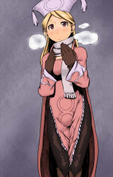 1girl bad_id bad_pixiv_id blonde_hair blush breath cape dress female_focus final_fantasy final_fantasy_tactics gloves hat long_hair orator_(fft) pantyhose red_eyes scarf solo tsukudani_(coke-buta)