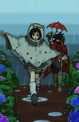 Rule 34 | 1boy, 1girl, armored boots, black hair, black pants, blue flower, boots, cait sith (final fantasy), cape, cat, cloak, crown, final fantasy, final fantasy vii, final fantasy vii rebirth, final fantasy vii remake, fingerless gloves, flower, full body, gloves, headband, holding, holding umbrella, hood, hooded cloak, long hair, mini crown, moogle, outdoors, outstretched arms, pants, pink flower, rain, red cape, red cloak, s m man, short hair, shorts, socks, spiked hair, umbrella, vincent valentine, walking, water, white socks, yuffie kisaragi