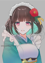 1girl apron blunt_bangs brown_hair colored_inner_hair commentary_request flower grey_background hair_flower hair_ornament highres iroha_(rune_factory) japanese_clothes looking_at_viewer maid maid_headdress multicolored_hair pink_eyes potacha red_flower rune_factory rune_factory:_guardians_of_azuma short_hair solo upper_body wa_maid white_apron yagasuri