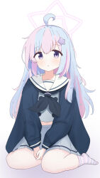 1girl absurdres ahoge blue_archive blue_hair commentary facing_viewer hair_down hair_ornament halo highres jacket kneeling long_hair long_sleeves looking_at_viewer multicolored_hair navel neckerchief pink_hair pleated_skirt purple_eyes purple_socks reisa_(blue_archive) sailor_collar school_uniform serafuku simple_background skirt sky socks star_(symbol) star_hair_ornament twintails two-tone_hair user_uecy3552