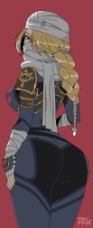 1girl armor ass blonde_hair bodysuit braid braided_ponytail cowboy_shot from_behind hair_over_one_eye hand_on_own_hip highres long_hair looking_at_viewer looking_back nintendo r3dfive red_background red_eyes sheik solo super_smash_bros. the_legend_of_zelda the_legend_of_zelda:_ocarina_of_time turban